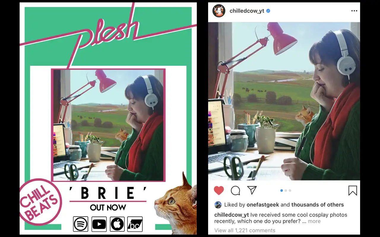 Brie Poster. (left) Chilled Cow (LoFi Girl) posted my Artwork on their Instagram. (right)